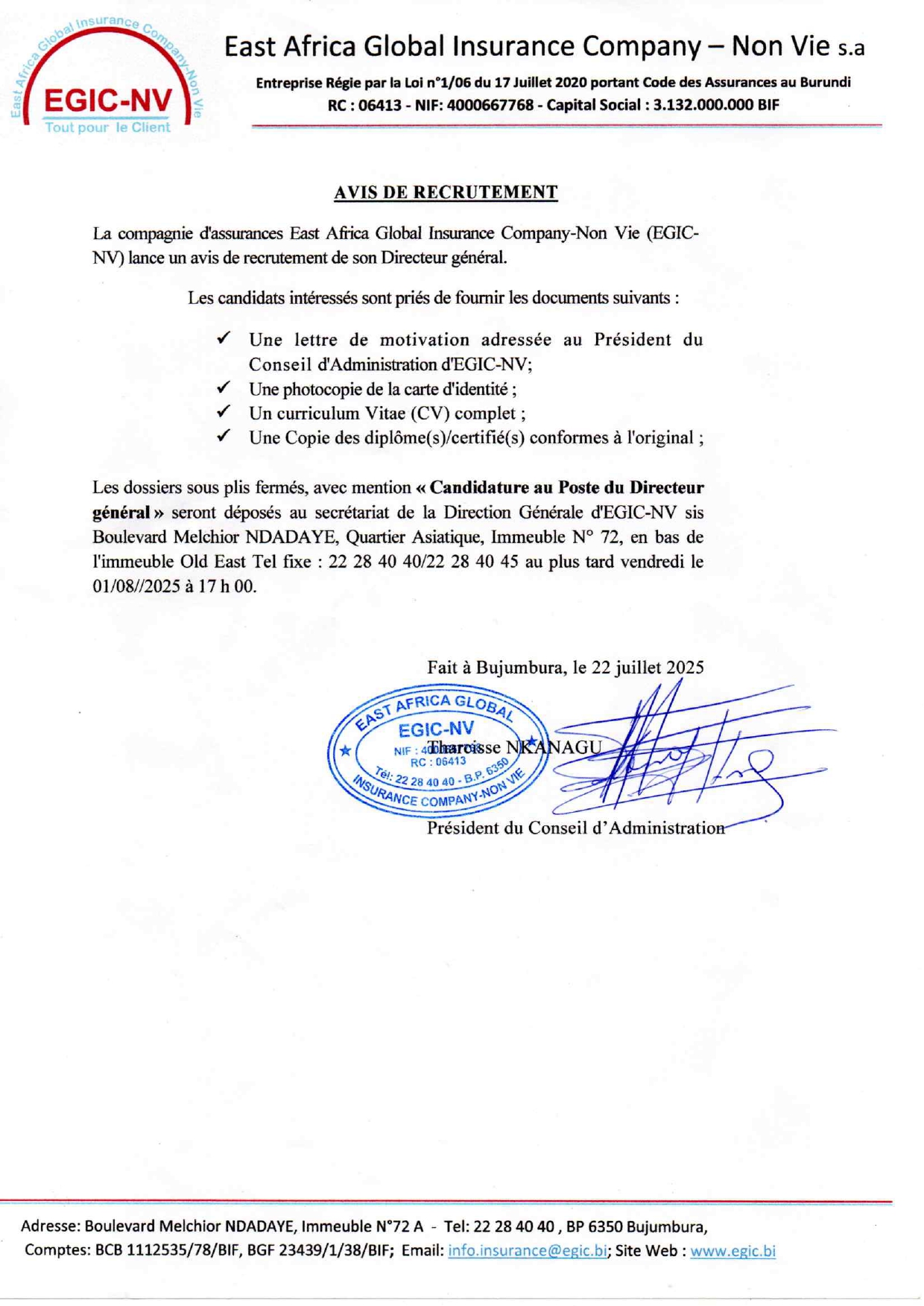 Avis de recrutement dun Directeur Général Date limite 01 août 2025 page 0001